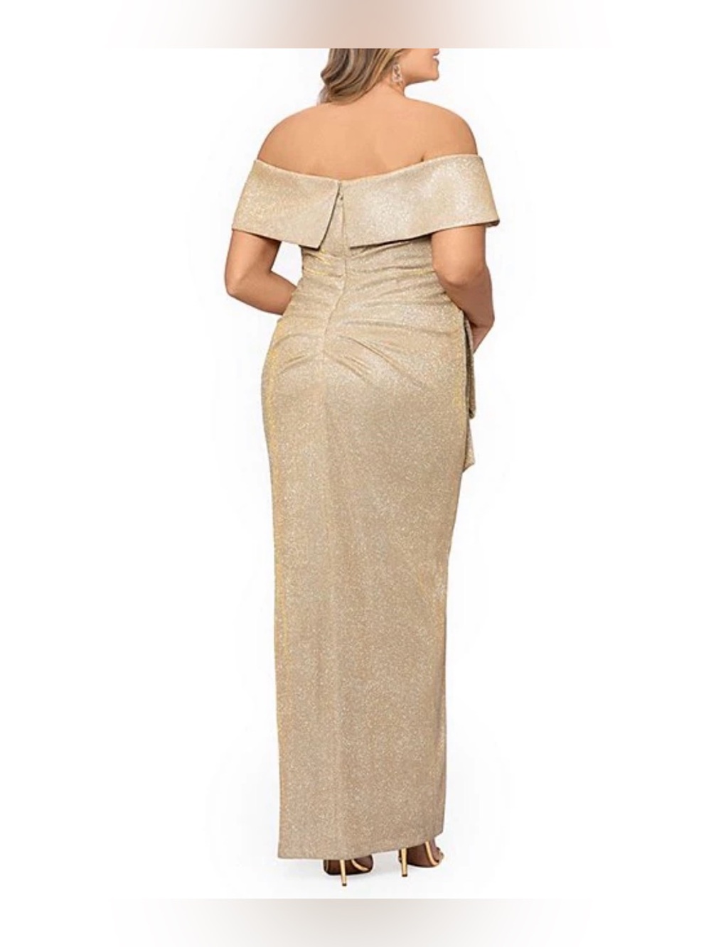 XSCAPE "TESSA" GLITTER OFF THE SHOULDER RUFFLE DRESS - Picture 3 of 12